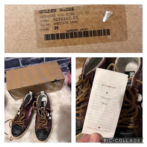 Auth. EUC Golden Goose, super rare, Mid/Star Bordeau trainers in Ametista Lame’